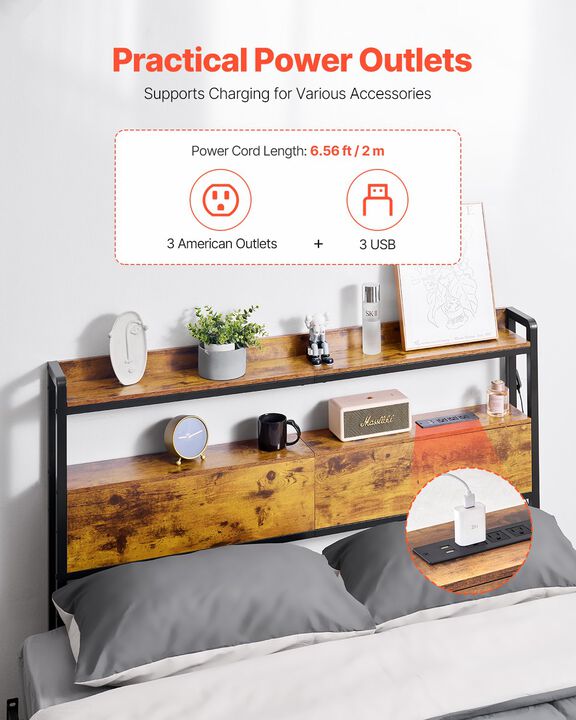 Full Size Headboard with 2 Shelves, LED Lights, and USB Charging Ports