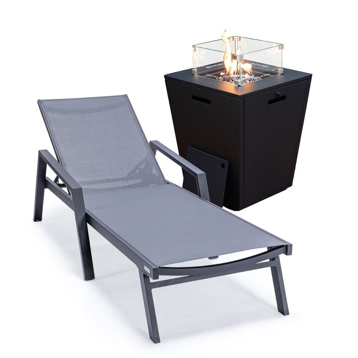 LeisureMod Marlin Black Aluminum Patio Chaise Lounge Chair with Arms & White Fire Pit Table
