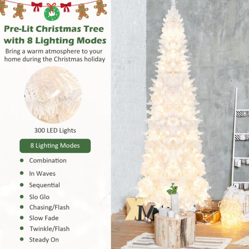 Hivvago Pre-Lit Hinged Pencil Christmas Tree White with LED Lights and 8 Flash Modes