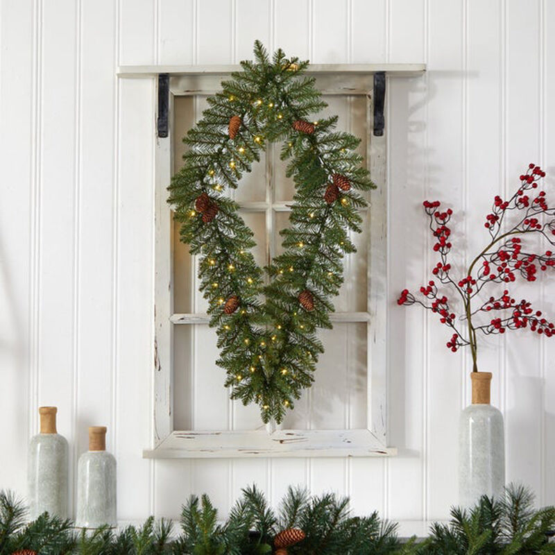 Nearly Natural 3-ft Holiday Christmas Geometric Diamond Wreath with Pinecones and 50 Warm White LED Lights