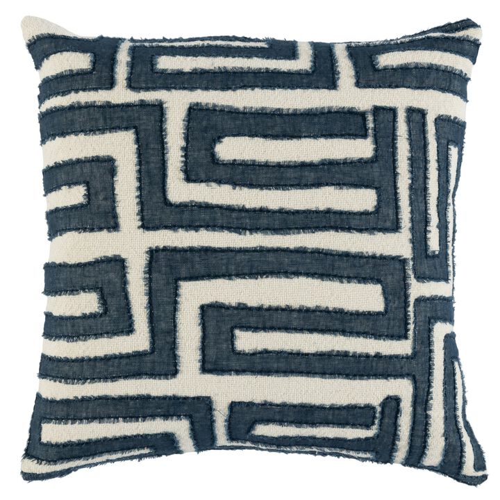 22 Inch Square Accent Throw Pillow, Hand Stitched Applique in Blue, Ivory - Benzara
