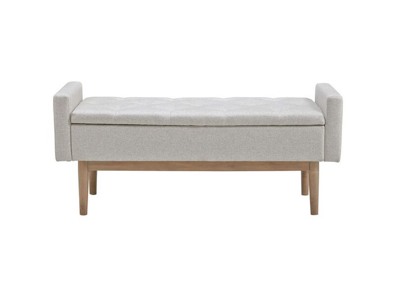 Tufted Fabric Storage Bench with Low Profile Elevated Arms, Light Gray - Benzara