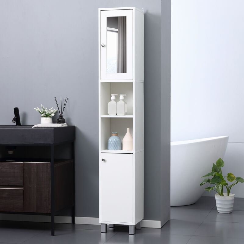 Tall Bathroom Storage Cabinet, Slim Freestanding Linen Tower w/ Drawer, Grey