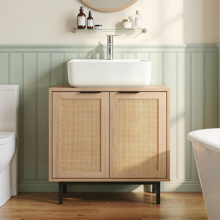 Modern Bathroom Vanity Cabinet with Rattan Doors and Cut-Out