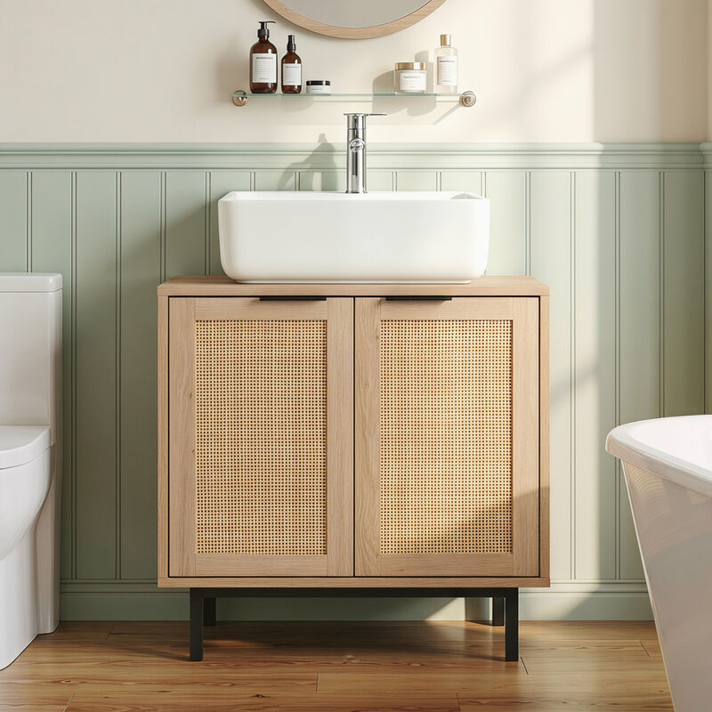 Modern Bathroom Vanity Cabinet with Rattan Doors and Cut-Out image number 1