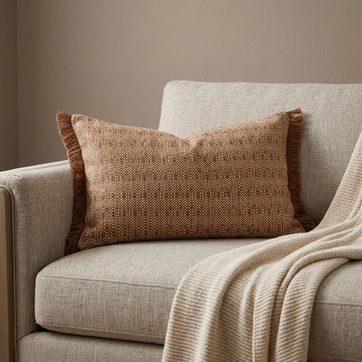 HomeRoots 14" X 20" Brown and White Cotton Lumbar Throw Pillow with Fringe