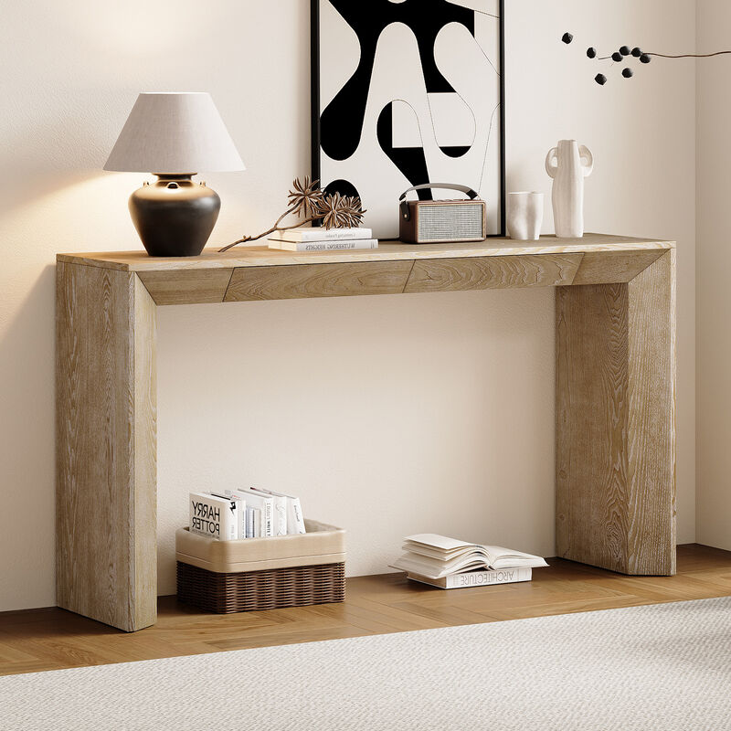 Whisen 60" Modern Farmhouse Console Table with 2 Concealed Drawers, MDF Solid Wood Veneer, Waterfall Edge for Living Room Entryway Hallway image number 2