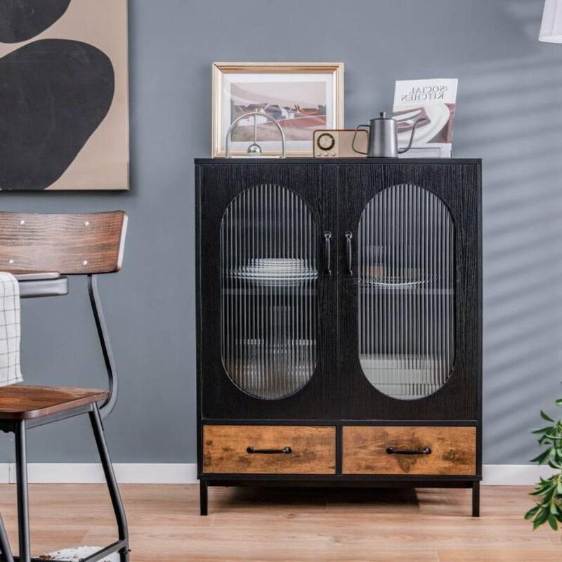 Hivvago Modern Black Brown Metal Wood Sideboard Dining Buffet Cabinet with Glass Doors