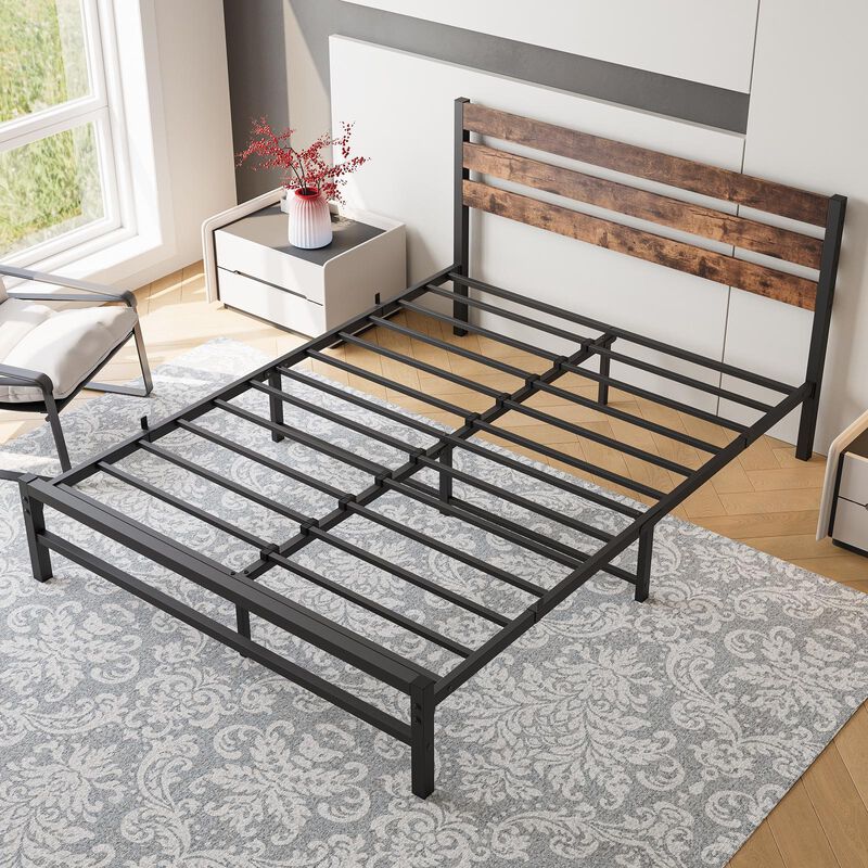 Metal Platform Bed Frame with Rustic Vintage Wood Headboard, No Box Spring Needed
