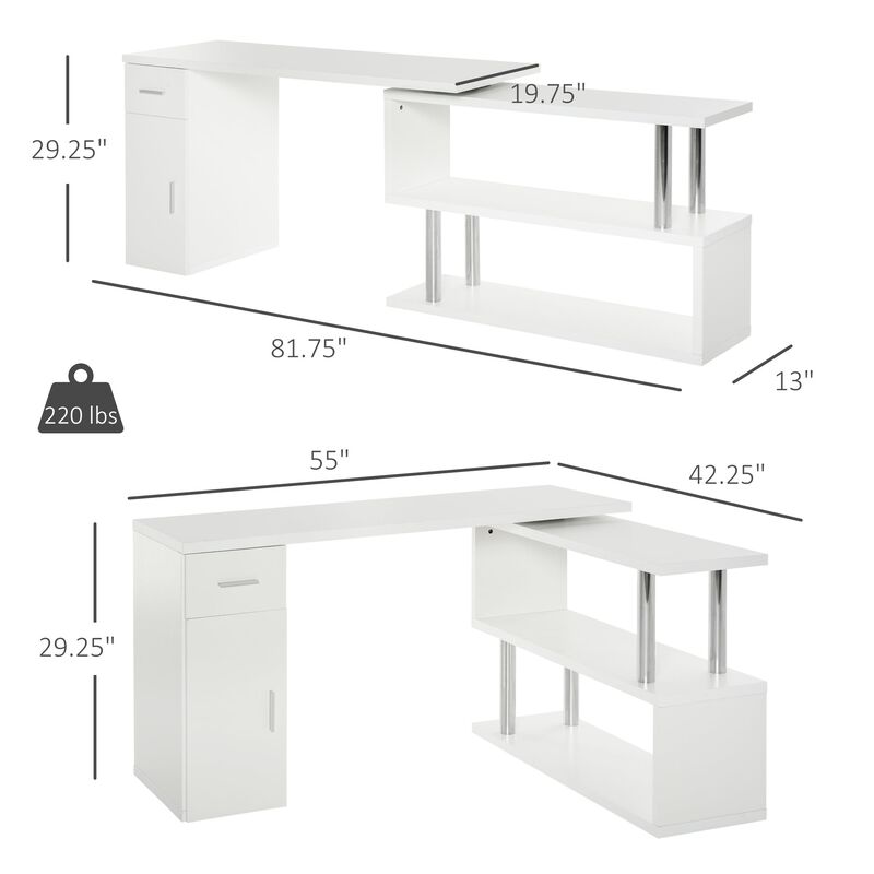 L-Shaped Rotating Computer Desk Home Office Study Workstation with Storage Shelves, Cabinet and Drawer for Home & Office, White image number 3