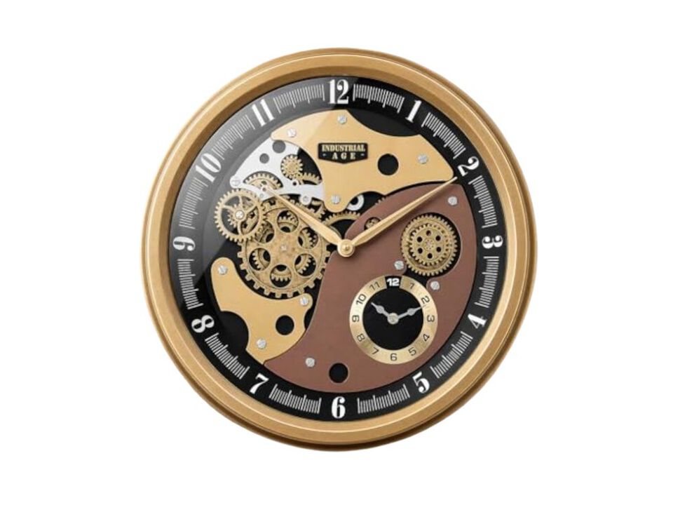 Industrial Moving Gears Dual Dials Wall Clock 20 Inch Gold Living Room Decor
