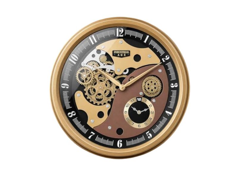 Industrial Moving Gears Dual Dials Wall Clock 20 Inch Gold Living Room Decor image number 0