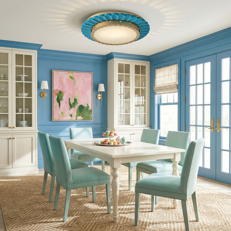 19.7" Coastal Gold Integrated LED Dimmable Flush Mount Ceiling Light with Teal Pleated Design for Bedroom, Dining Room or Entryway image number 2