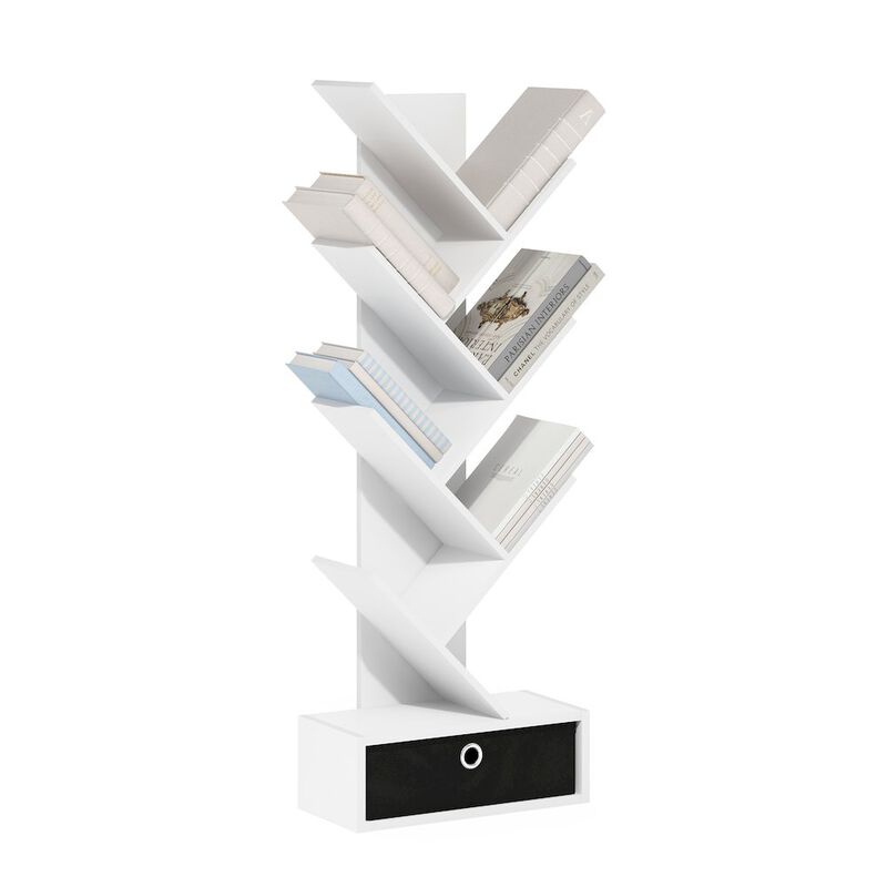 Tree Bookshelf 7-Tier Floor Standing Tree Bookcase with Bin Drawer, White/Black
