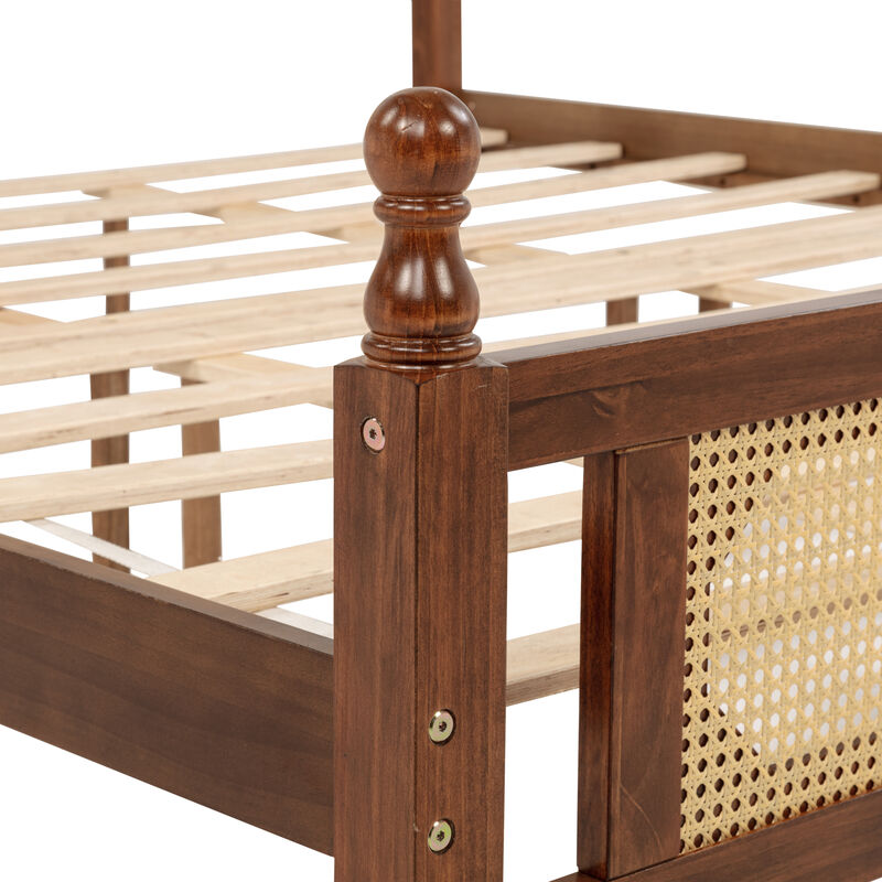 Whisen King Pine Wooden Bed with Rattan Headboard and Footboard, with Central Enhanced Bed Platform image number 5
