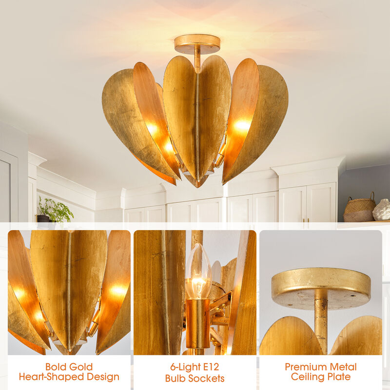19" Vintage Antique Gold Heart Semi Flush Mount Ceiling Light image number 8