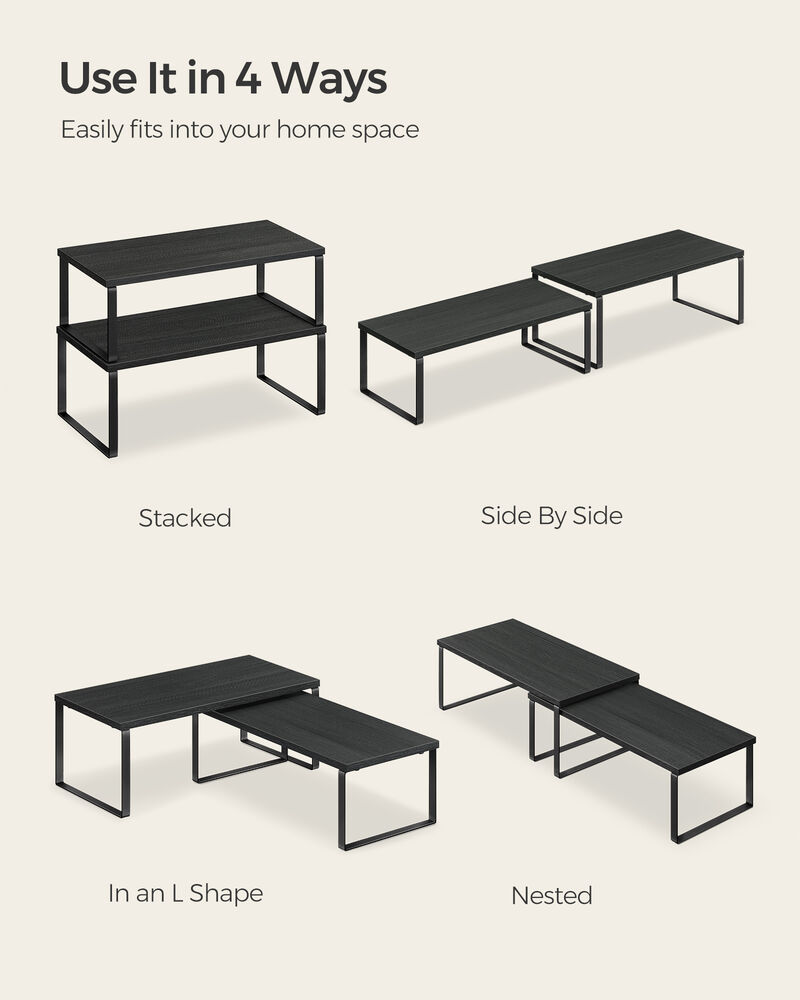 Set of 4 Stackable Cabinet Shelf Organizers - Metal and Particleboard Kitchen Counter Shelves, Expandable