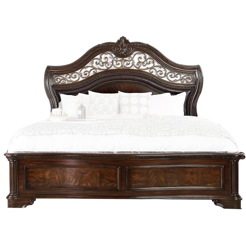 Queen Bedroom Set in Brown Cherry & Gold Wood &ndash; 3 Piece Set with 2 Nightstands image number 2