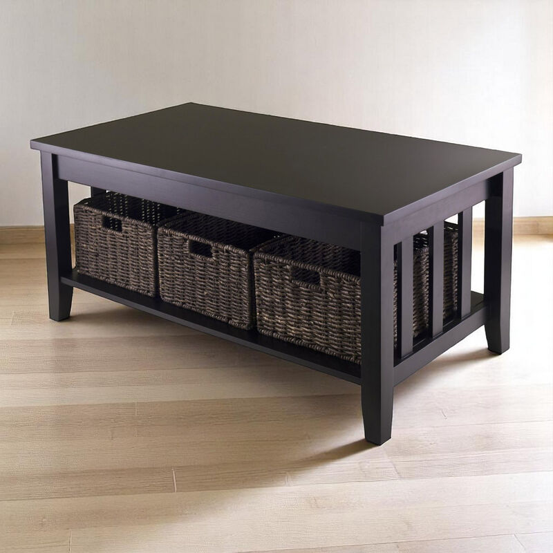 Mission Style Coffee Table with 3 Foldable Storage Baskets &ndash; Space-Saving Design in Wood