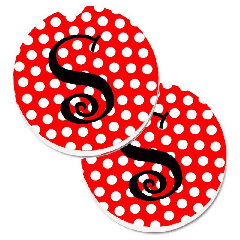 Caroline's Treasures Monogram - Initial S Red black Polka Dots Set of 2 Cup Holder Car Coasters CJ1012-SCARC, 2.56, Multicolor
