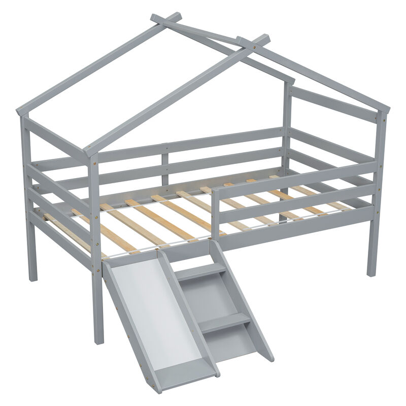 Whisen Twin Low Loft House Bed with Fun Slide, Secure Ladder, and Playful Roof Frame image number 8