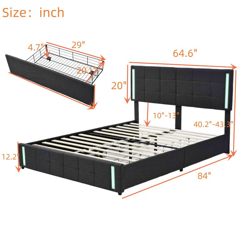 Merax Upholstered Platform Bed with LED Lights and USB Charging, Storage Bed with 4 Drawers image number 7