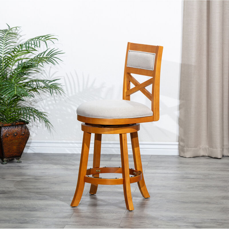 Streamdale 30" Bar Height X-Back Swivel Stool, Natural Finish, Beige Fabric Seat