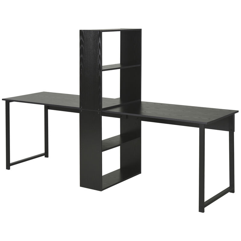 HOMCOM 88" Extra Long 2-Person Computer Desk with Storage Shelves Combo, Double Workstation Storage Study Writing Table for Home Office, Bookshelf, Black