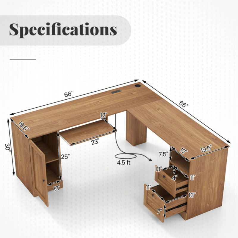 66 Inch L-Shaped Computer Desk-Oak image number 3
