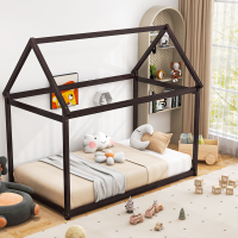 Kids Playful House Bed with Trundle and Roof for Extra Sleeping Space