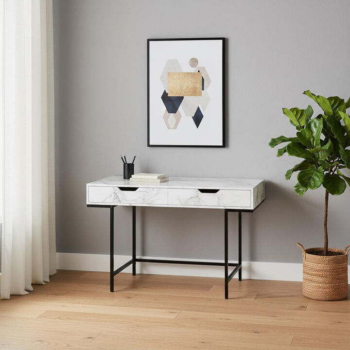HomeRoots 47" White and Black Wood and Metal H-Shape Computer Desk With Two Drawers