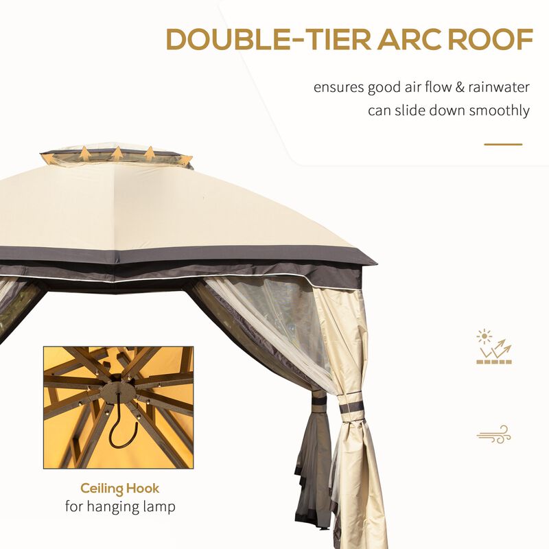 10' x 12' Outdoor Gazebo, Patio Gazebo Canopy Shelter w/ Double Vented Roof, Zippered Mesh Sidewalls, Solid Steel Frame, Beige