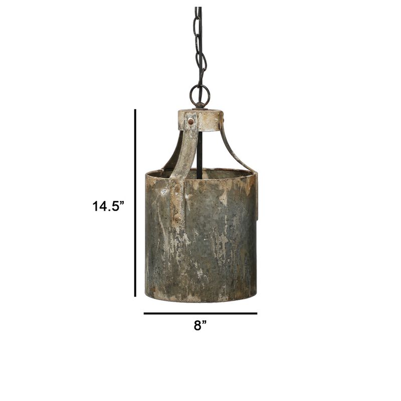 8 Inch Rustic Chandelier Pendant Light, Iron, Vintage Aged Galvanized Gray-Benzara