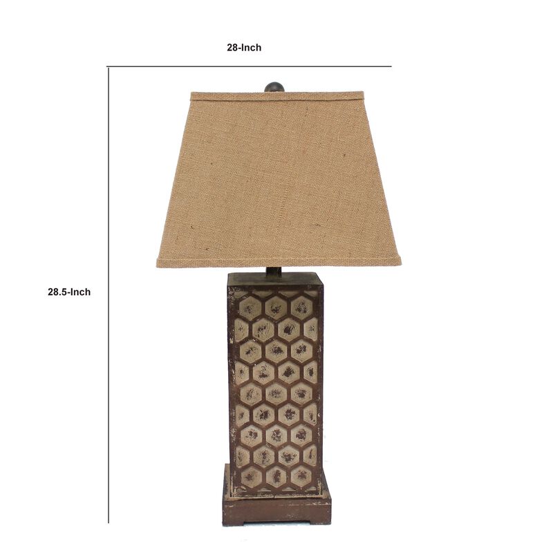 29 Inch Industrial Table Lamp, Linen Shade, Honeycombed Metal Base, Khaki-Benzara image number 5