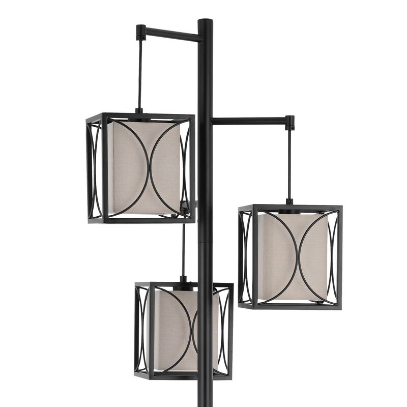 Lany 73 Inch Floor Lamp, 3 Hanging Lantern Style Shades, Black Iron - Benzara
