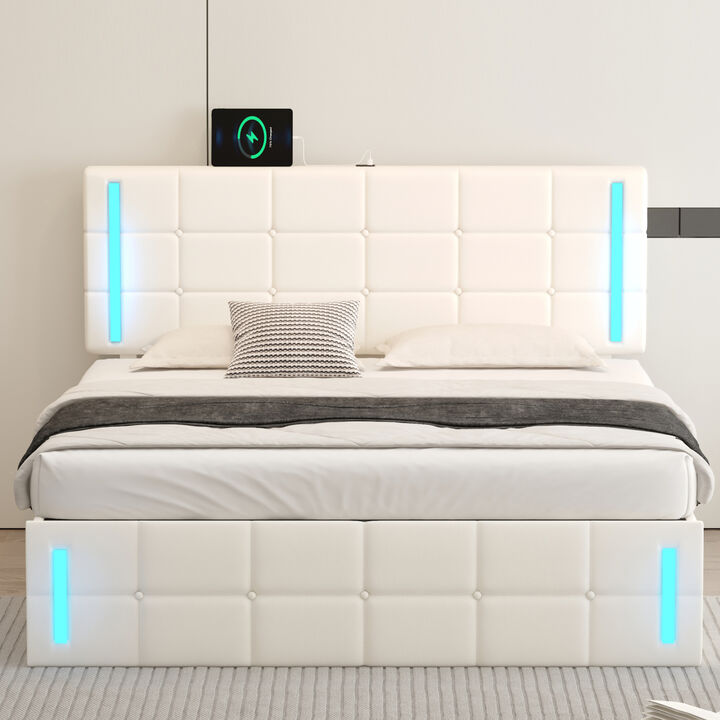 Queen Size Upholstered Bed with LED Lights, Hydraulic Storage System and USB Charging Station, White