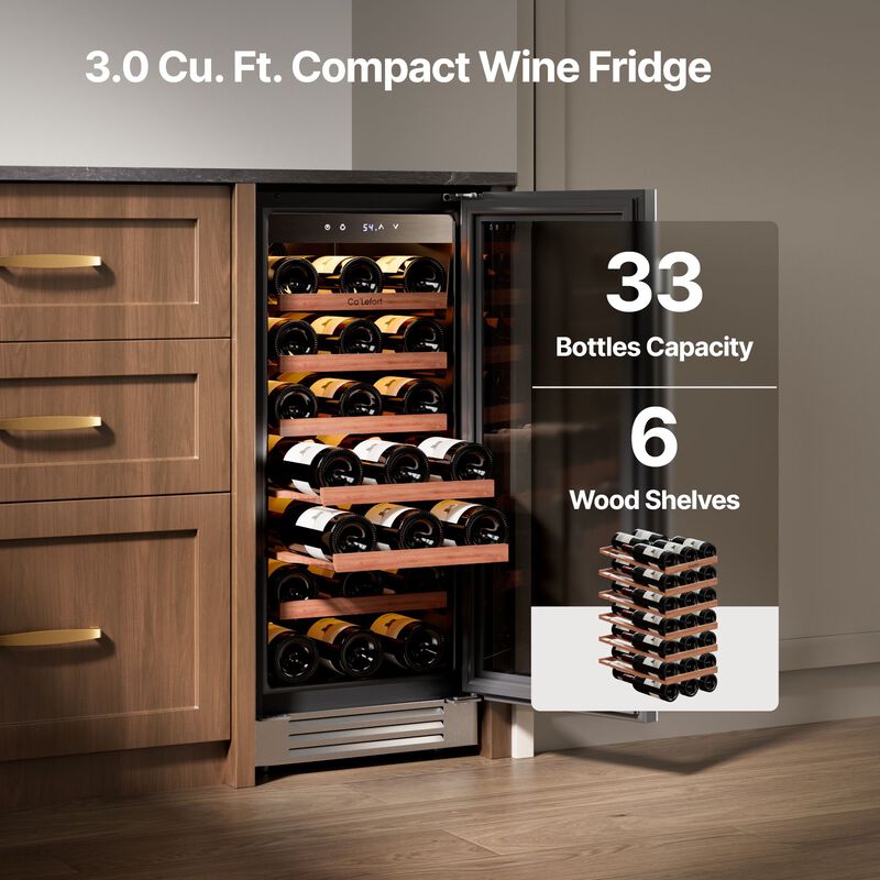 Wine Fridge 15 Inch Wine Refrigerator,33-bottle Wine cooler,40-65&deg;F,3 color LED,built-in/freestanding ,For Home Bar image number 1