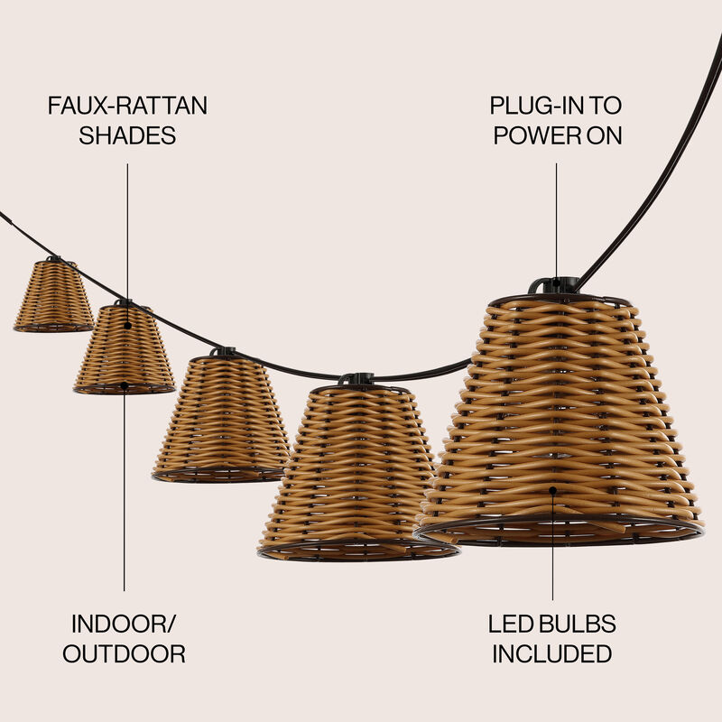Payton Light Indoor/Outdoor Classic Cottage Incandescent G40 Faux-Rattan Shaded String Lights