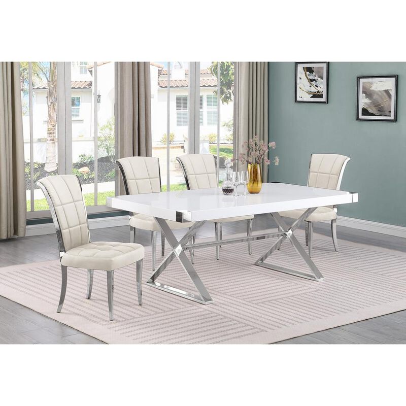 Best Quality Furniture 5pc Small(78) white wood top dining set with silver base and 4 chairs