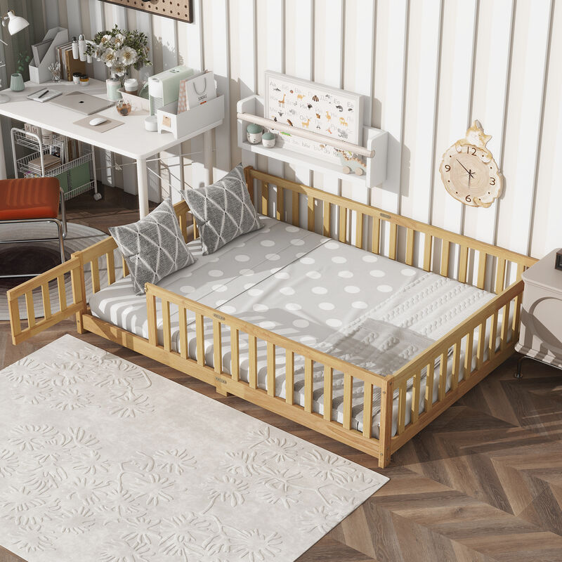 Whisen Full-Size Floor Bed with Safety Enclosure and Door, Rubber Wood Frame with Guardrail Fence image number 1
