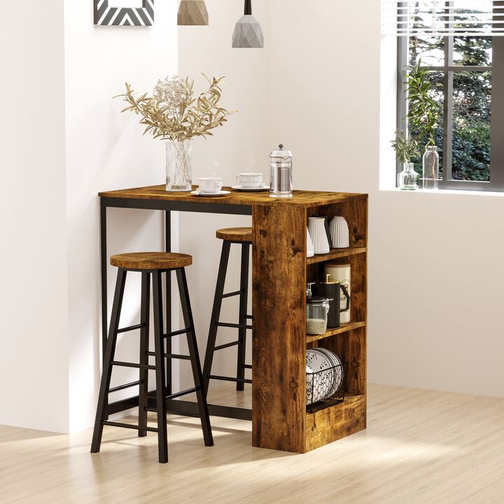 3 Piece Industrial Small Dining Table Set, Counter Height Bar Table & Stools Set with Storage Shelf, Rustic Brown