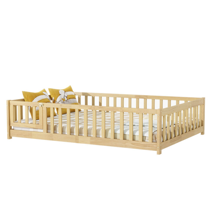 Whisen Full Size Rubber Wood Floor Bed with Safety Guardrails&Door,Kids Bed