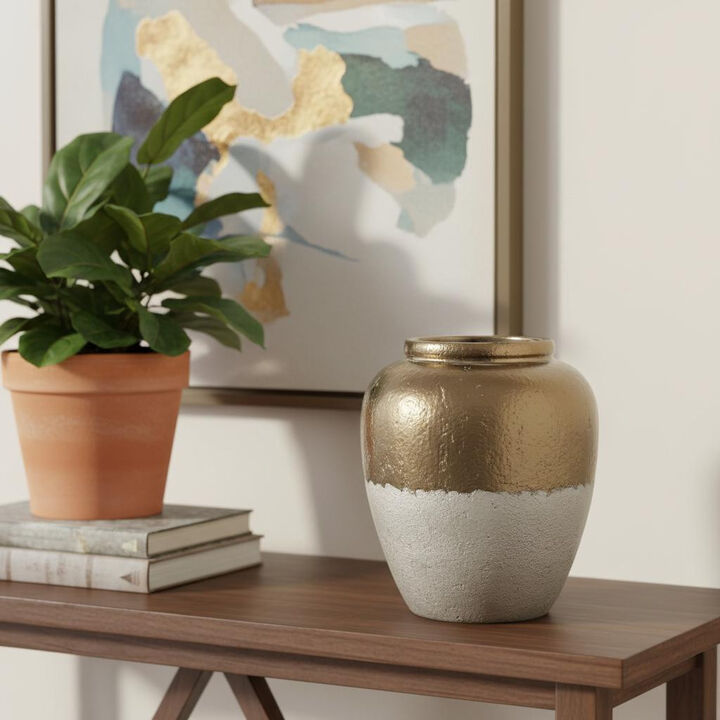 HomeRoots 16" Antiqued Bronze And Light Gray Color Block Ceramic Round Jug Vase