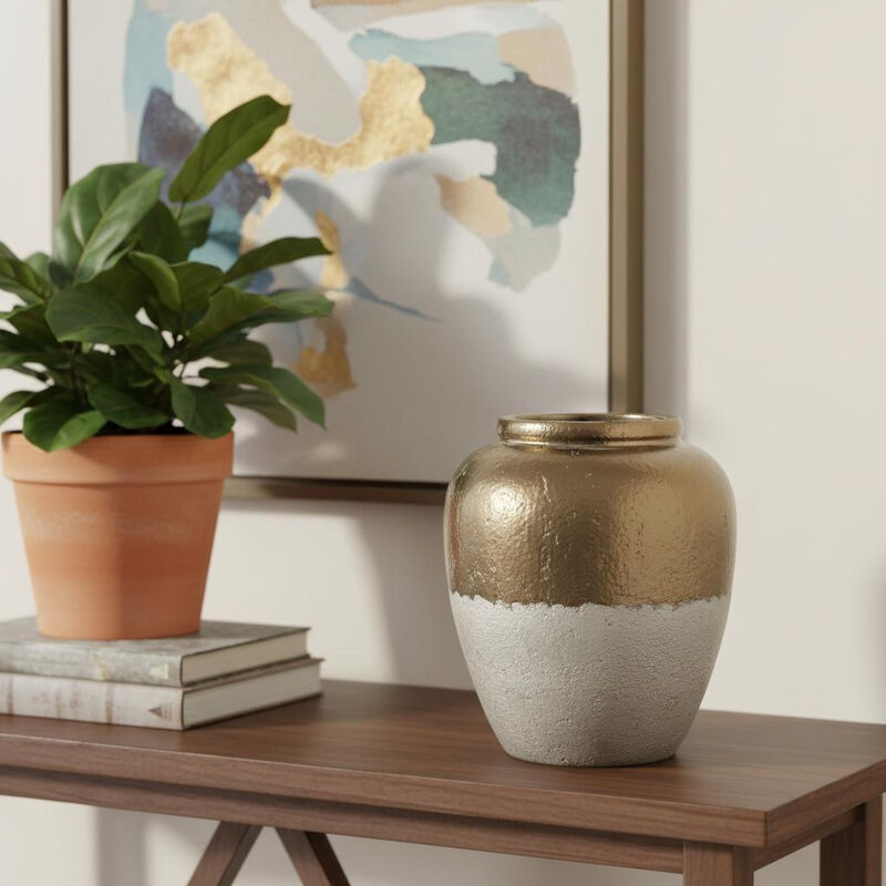 HomeRoots 16" Antiqued Bronze And Light Gray Color Block Ceramic Round Jug Vase image number 1