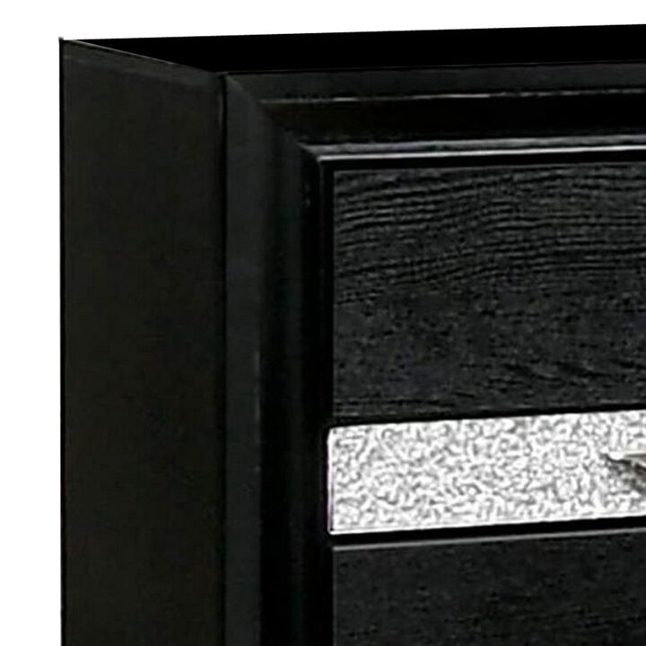 Nightstand with Silver Trim Accent and 1 Jewelry Drawer, Black-Benzara