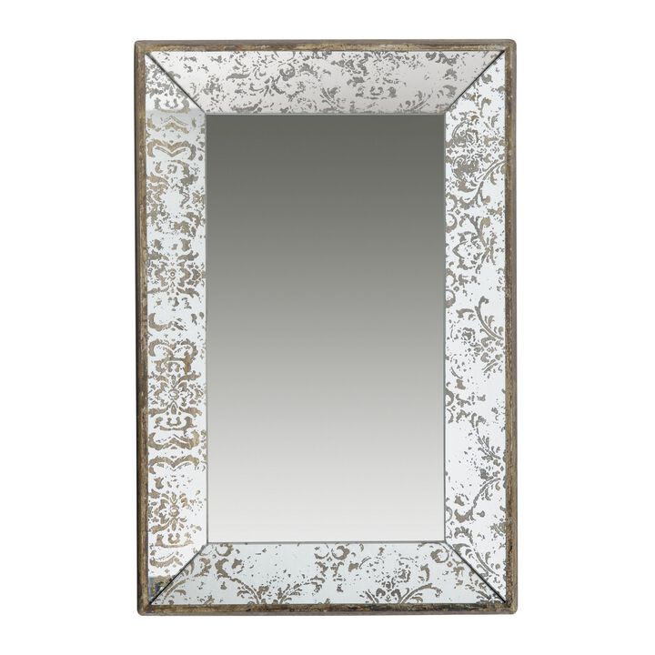 Rosa 16 x 24 Wall Mount Mirror, Brown Wood Frame with Abstract Gold Overlay - Benzara