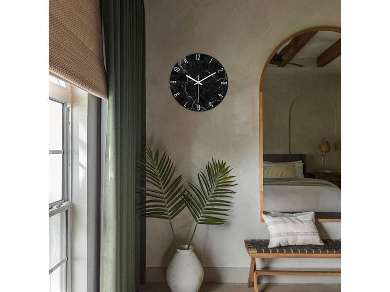 12" Black Minimalist Wall Clock - Battery Operated Glass Marble Pattern Non-Ticking for Living Room image number 1