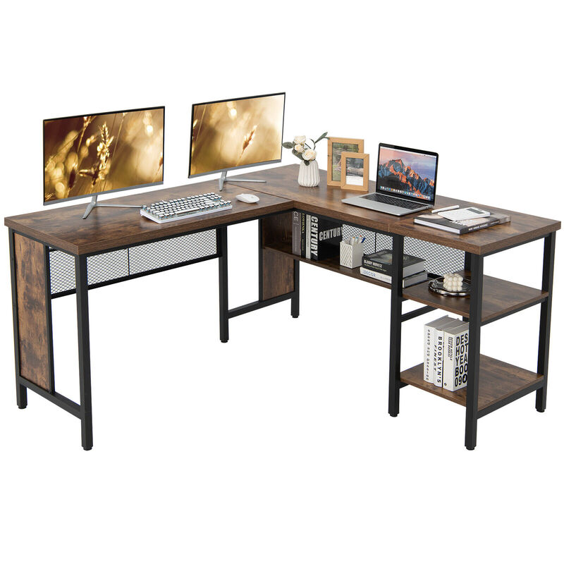 Industrial L-Shaped Corner Computer Desk Office Workstation with Storage Shelves-Rustic Brown