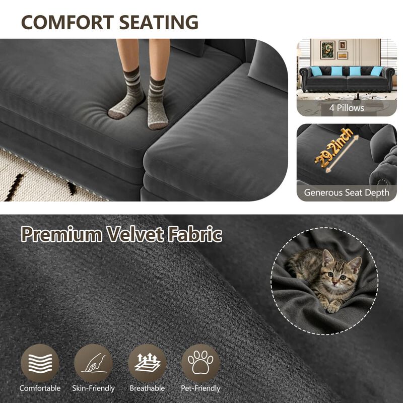 3-in-1 Pull-Out Sleeper Sofa, Velvet Chesterfield Sofa with Rolled Arms and Tufting, 89 Inch Convertible Sofa Bed with Ottoman image number 8