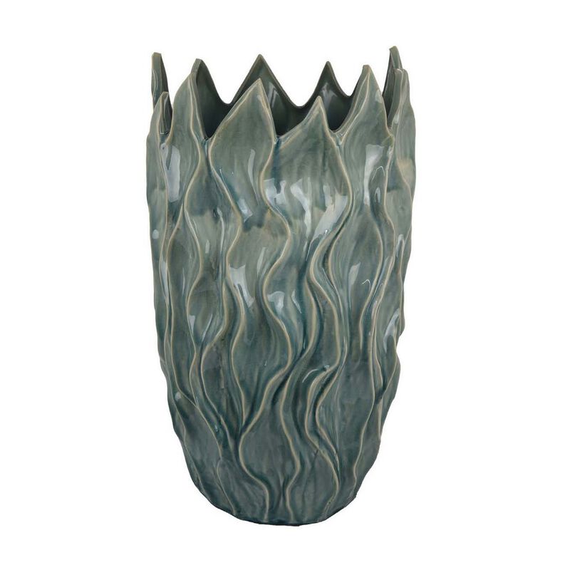 Esen Decorative Vase, Abstract Wave Design, 22 Inch Green Ceramic